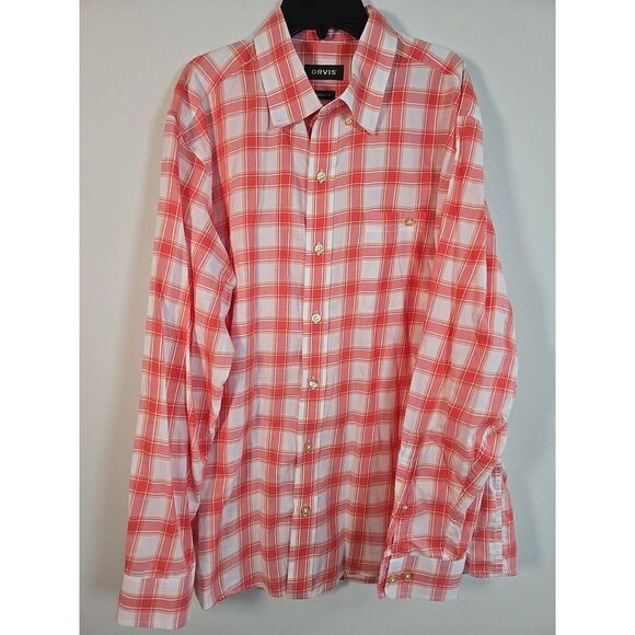 Orvis Shirt Mens L Long Sleeve Button Down Plaid Red/Orange/White Classic Cotton - Picture 2 of 13